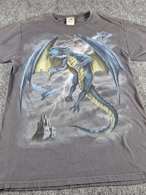 Vintage Fruit of the Loom Dragon Graphic T Shirt Small Gray Fantasy Castle Y2K